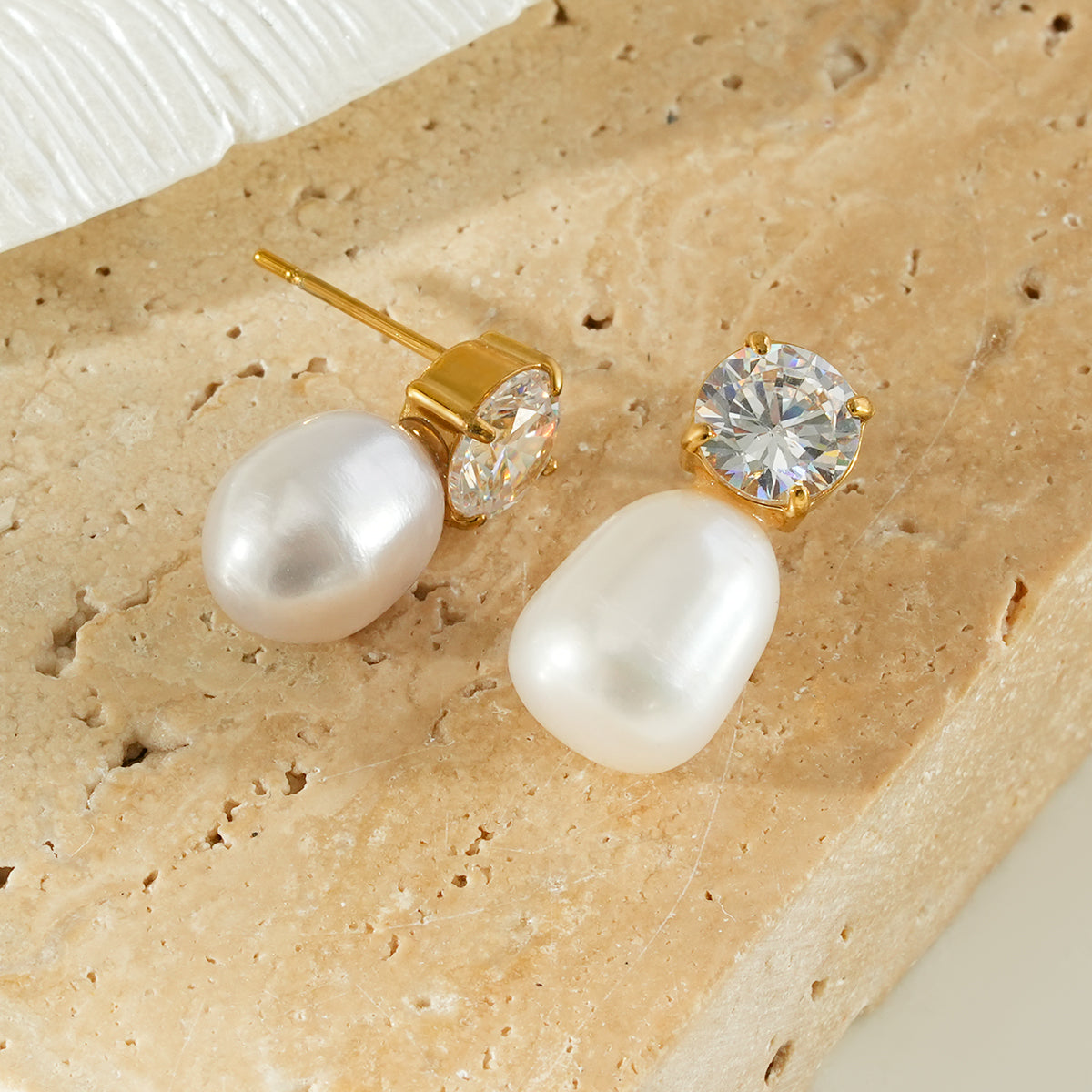 AISHANA Gold: Freshwater Pearl & Solitaire Zirconia Stud Earrings