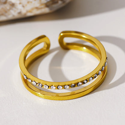 AIZA : Bague Double Jonc en Zirconia Pavé & Surfaces Contrastantes Lisses