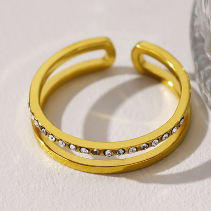 AIZA : Bague Double Jonc en Zirconia Pavé & Surfaces Contrastantes Lisses