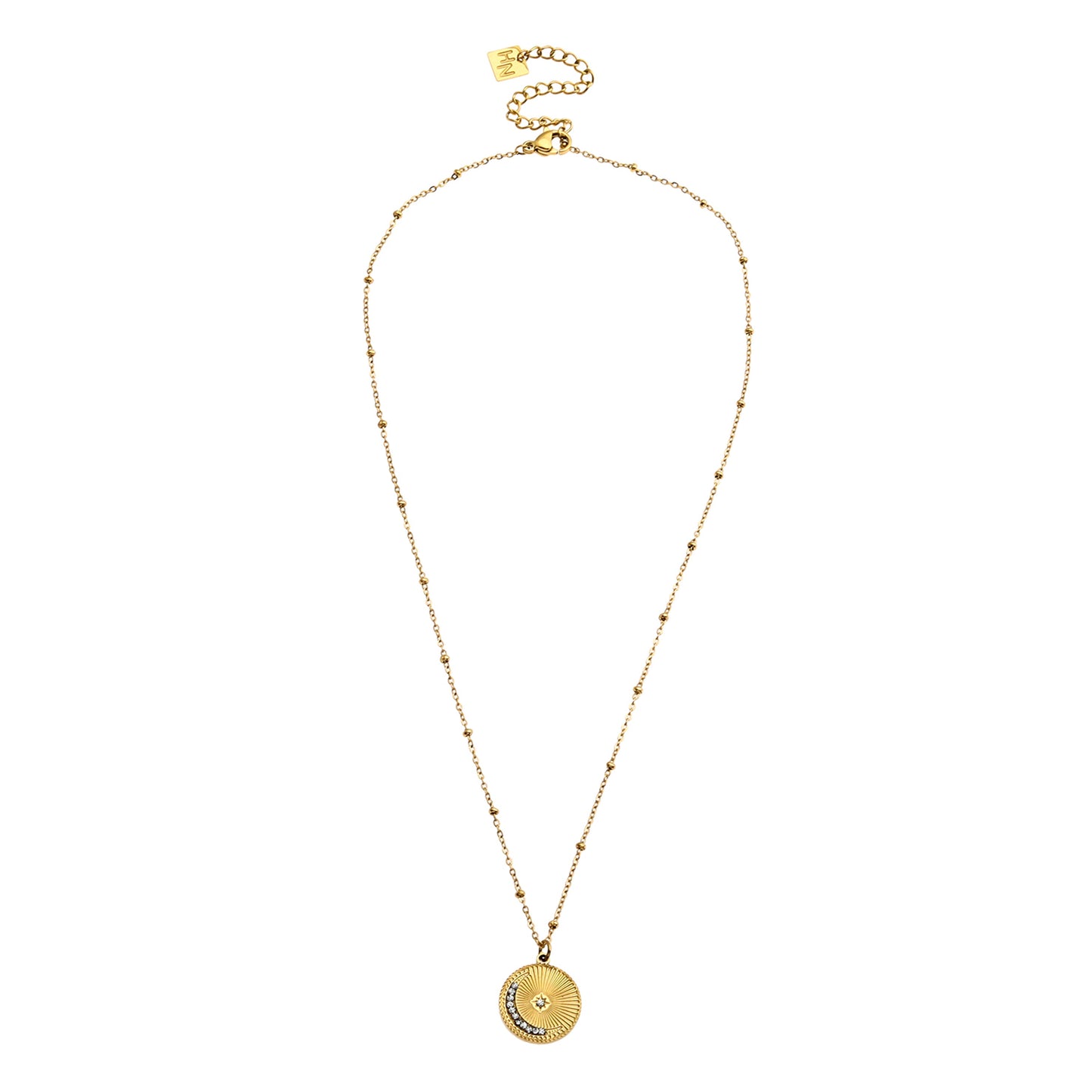 AMASA : Chaîne perlée avec pendentif étoile et lune pavée de zircone - Or