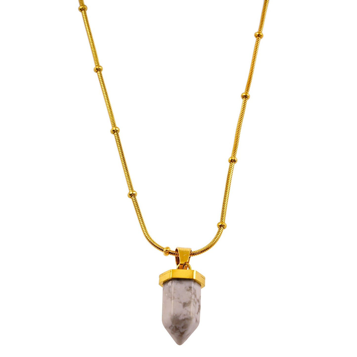 AMELIE : Collier avec pendentif en pierre de turquoise blanche et chaîne perlée texturée peau de serpent
