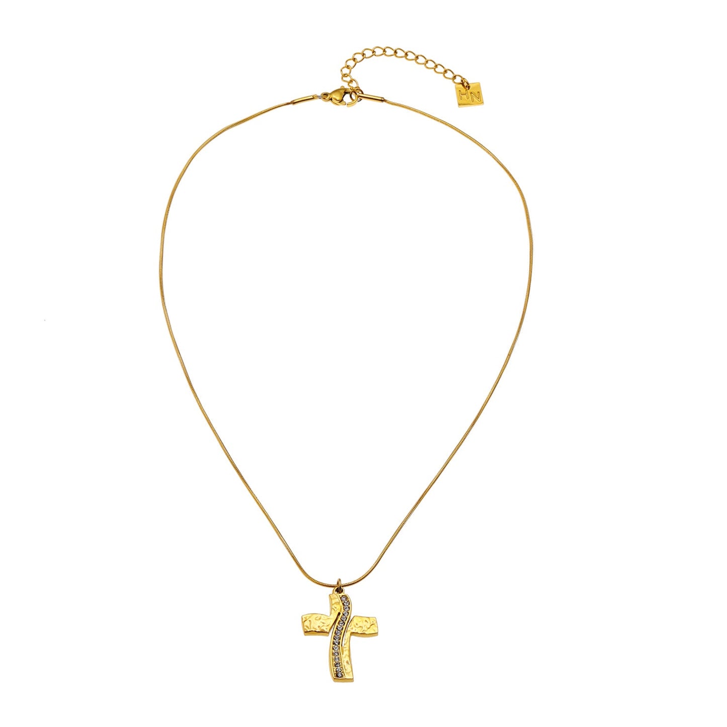ARCASSA : Pendentif Croix Finition Martelé et Zirconium sur une Mini Chaîne Texturée Peau de Serpent.