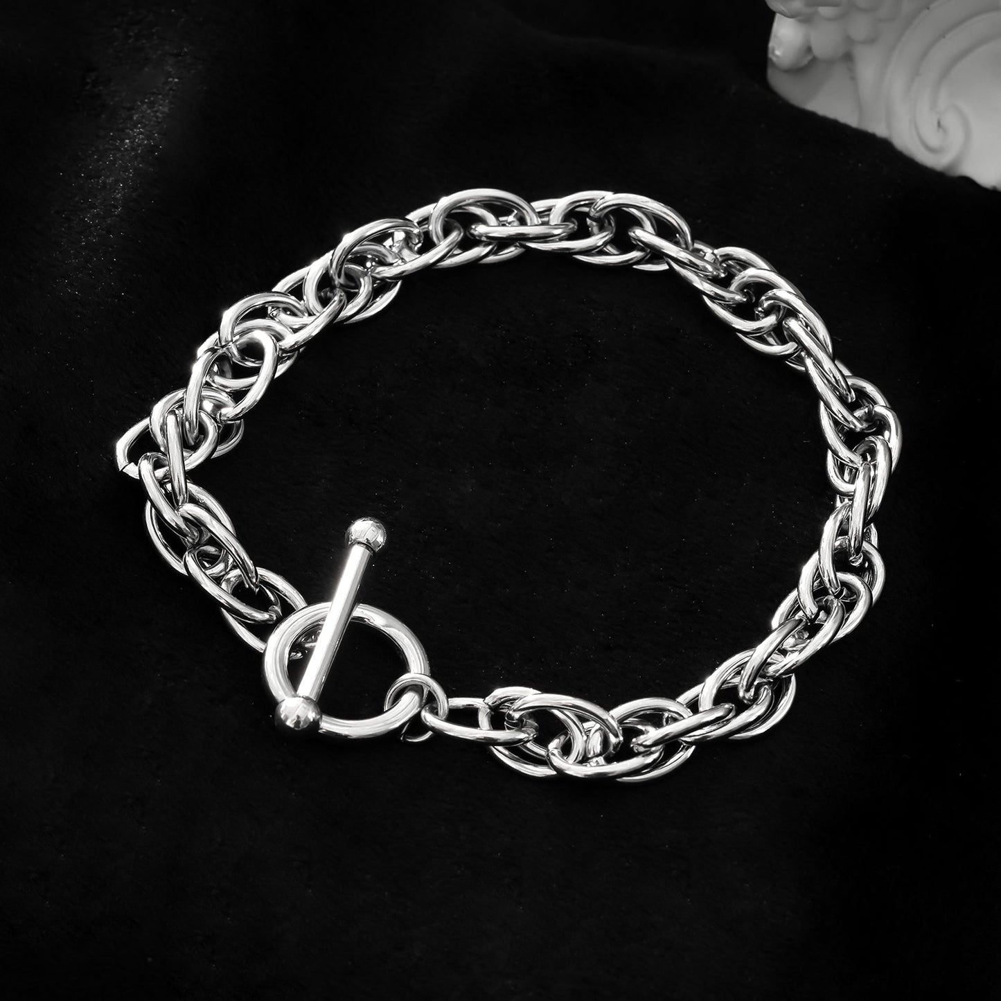 ARDA Argent (Or blanc) : Bracelet multimaillons épais et sophistiqué avec cercle et fermoir en T