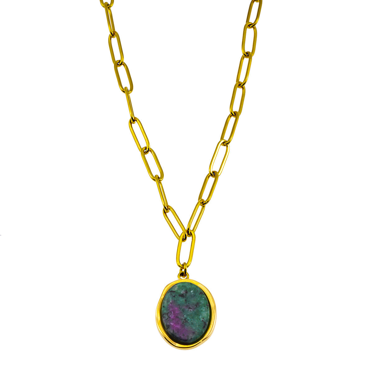ASAMI: Contemporary Paperclip Chain anchoring a Ruby Zoisite Oval Pendant