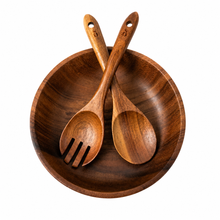 Acacia Wood Salad Bowl Set with Serving Spoon & Fork – Large Wooden Bowl