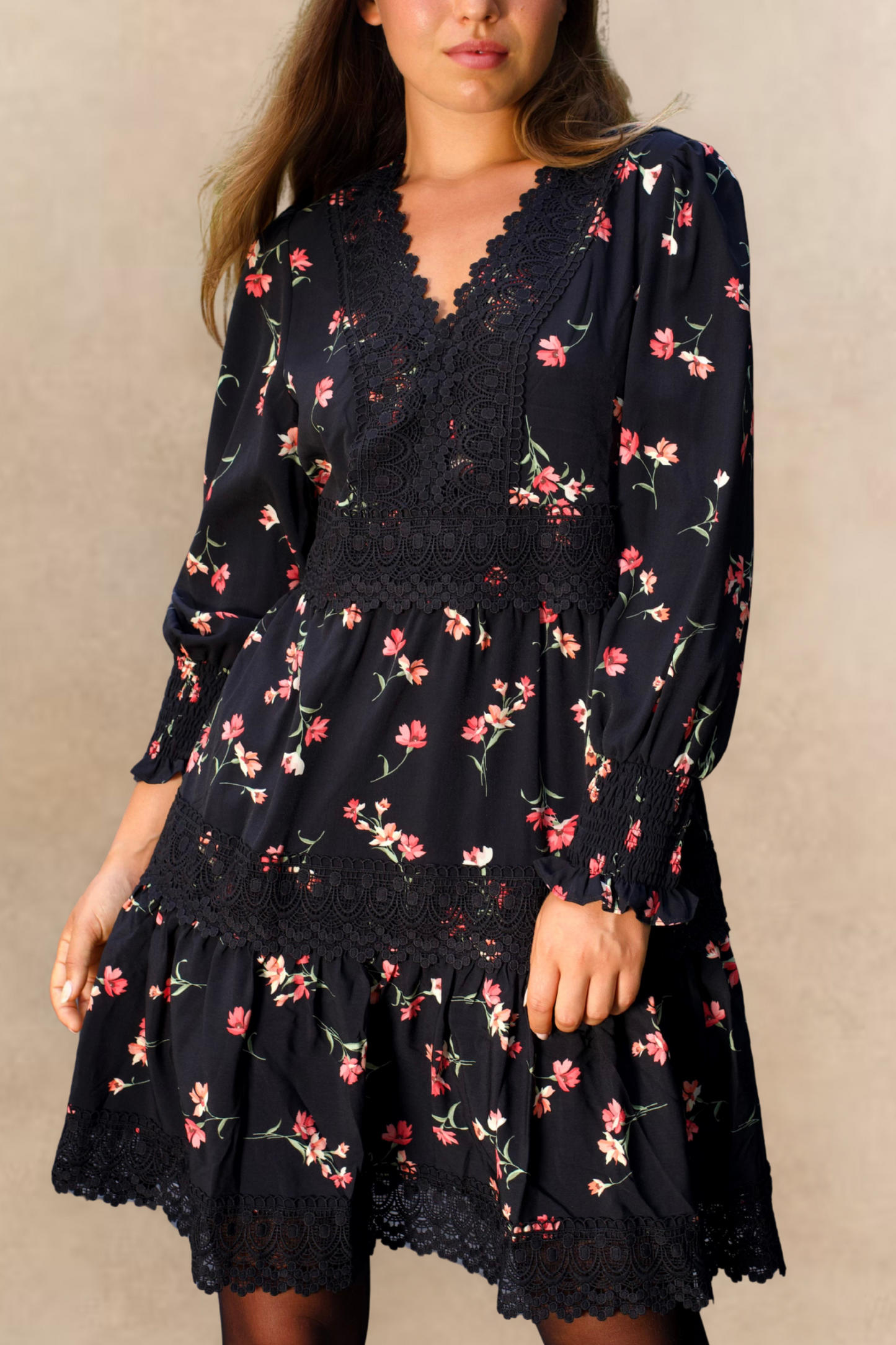 Agnes Black Floral Tiered Dress