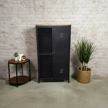 Industrial locker-style cabinet with mesh door