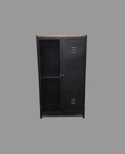 Industrial locker-style cabinet with mesh door