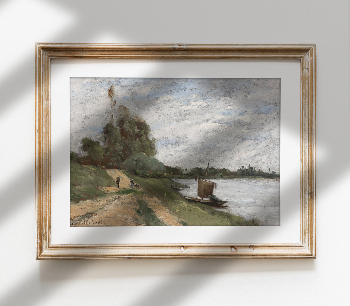 Estampe d'art paysager d'époque de style mélancolique au bord de la rivière L0164