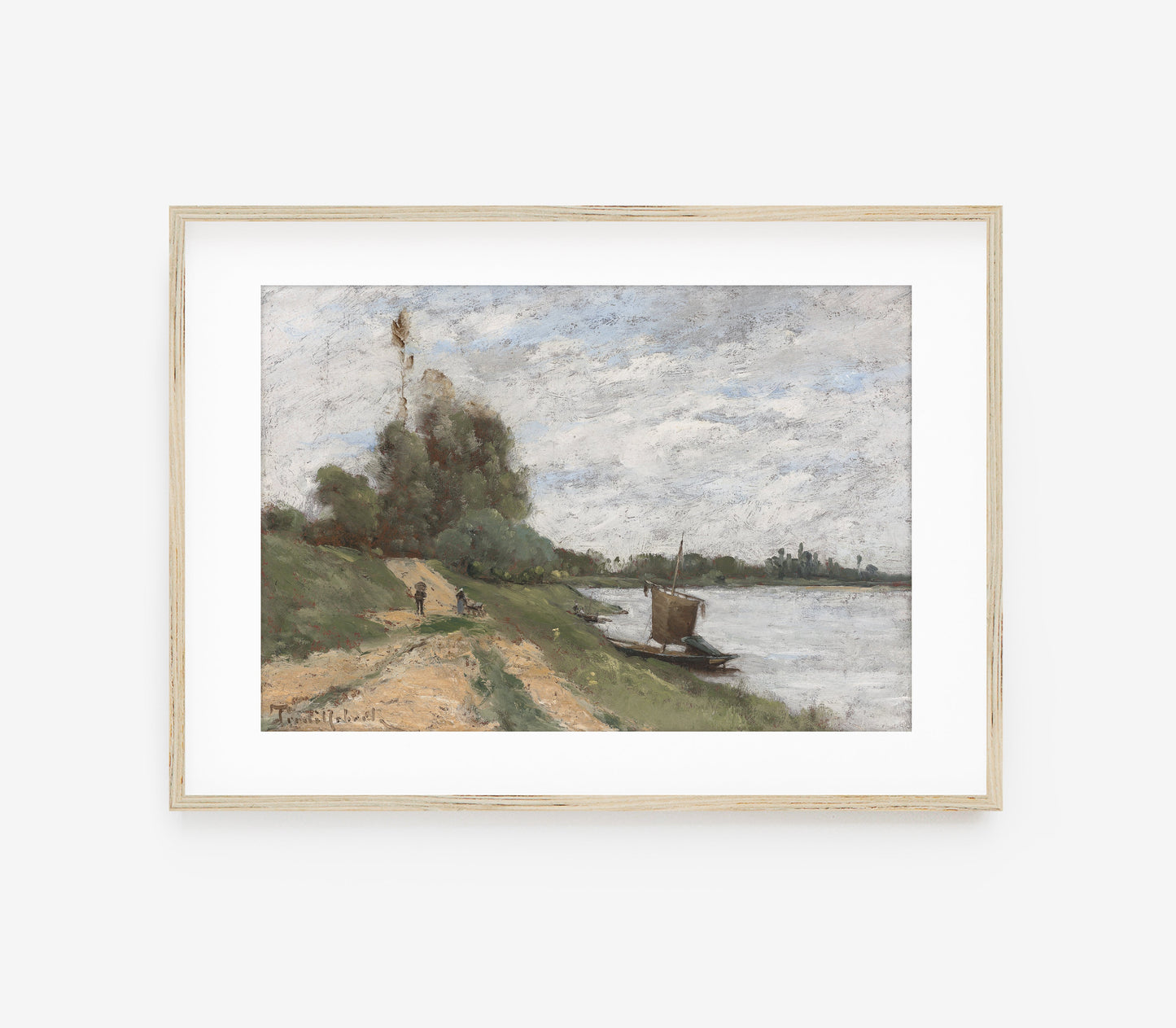 Estampe d'art paysager d'époque de style mélancolique au bord de la rivière L0164