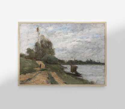 Estampe d'art paysager d'époque de style mélancolique au bord de la rivière L0164