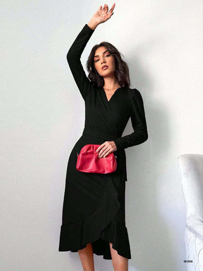 Ruffle Midi Long Sleeve Dress - Black