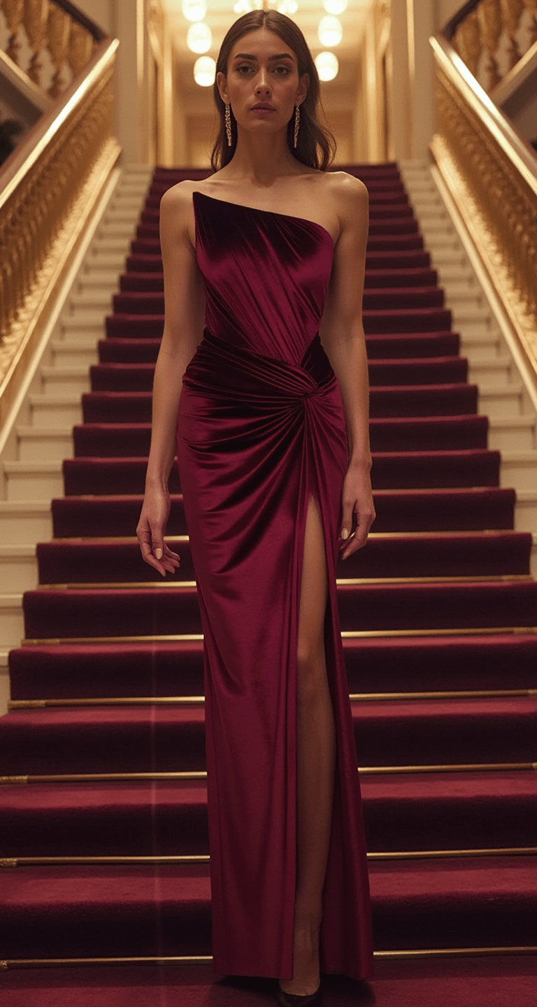 Robe longue cache-cœur bustier en velours fendue - Bordeaux