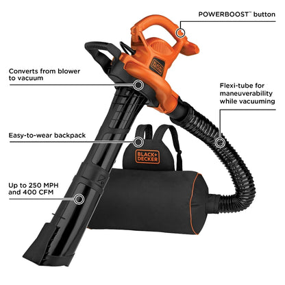BLACK+DECKER BEBL7000 3 in 1 Corded Electric Leaf Blower, Leaf Vacuum & Mulcher