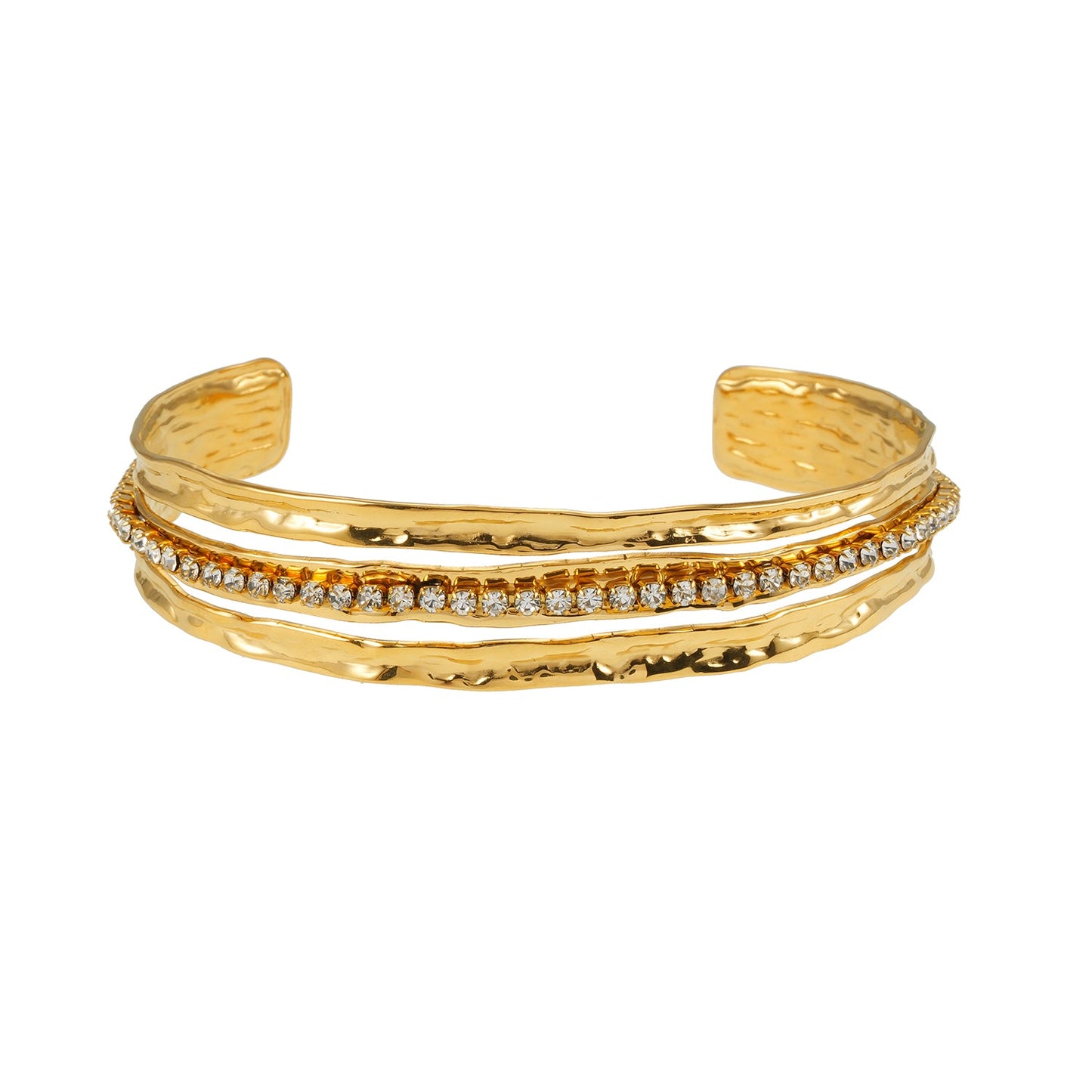 BELLINA Or: Bracelet triple texturé en zircone (CZ) avec bracelet tennis serti au centre. Superposé pour le glamour.