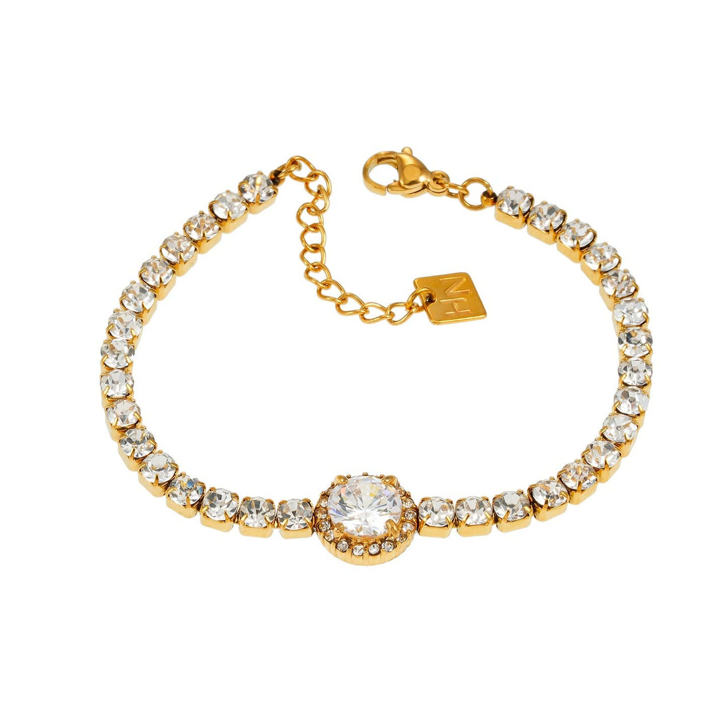 BEREA Gold : Bracelet de tennis avec grand zircon (CZ) central – Élégance intemporelle pour chaque occasion