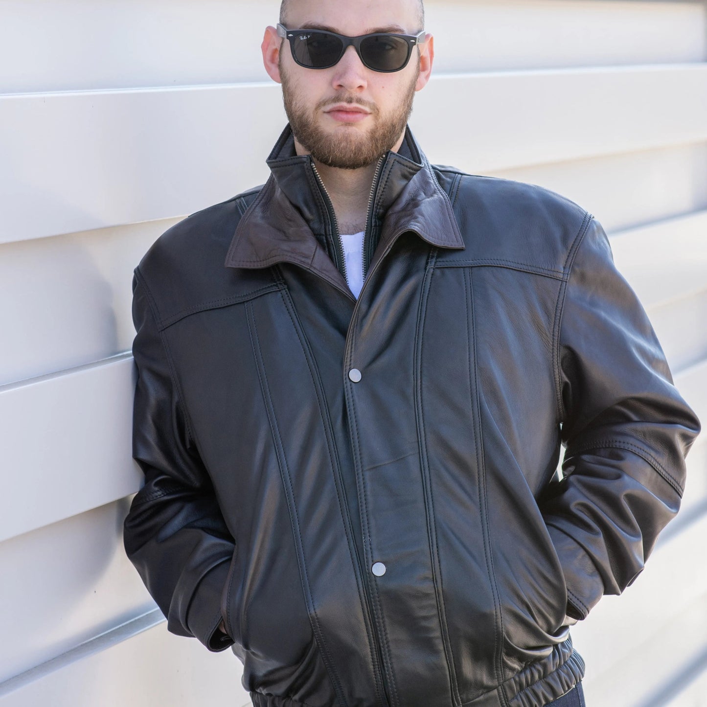 Blouson aviateur en cuir à double col pour homme BOL