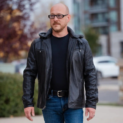 Blouson en cuir à capuche pour homme. Blouson en cuir de mouton avec capuche amovible