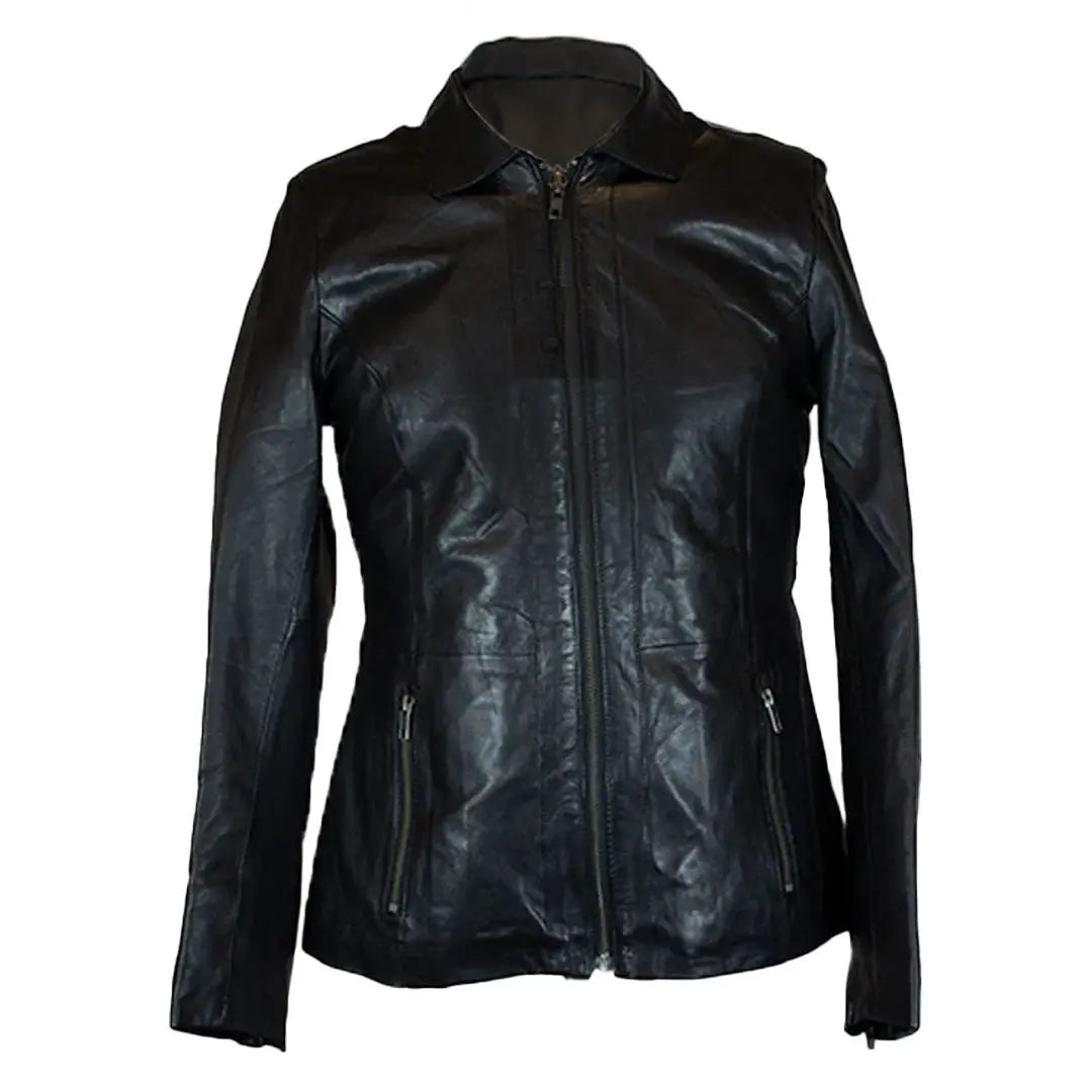 Blouson motard femme classique noir zippé en cuir d'agneau de la marque BOL