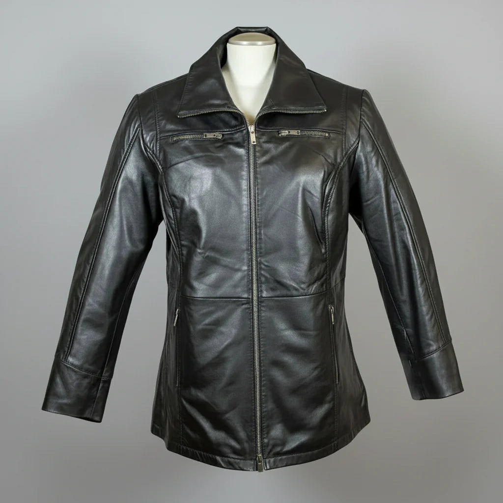 Veste Classique Mi-Longue en Cuir d'Agneau pour Femme