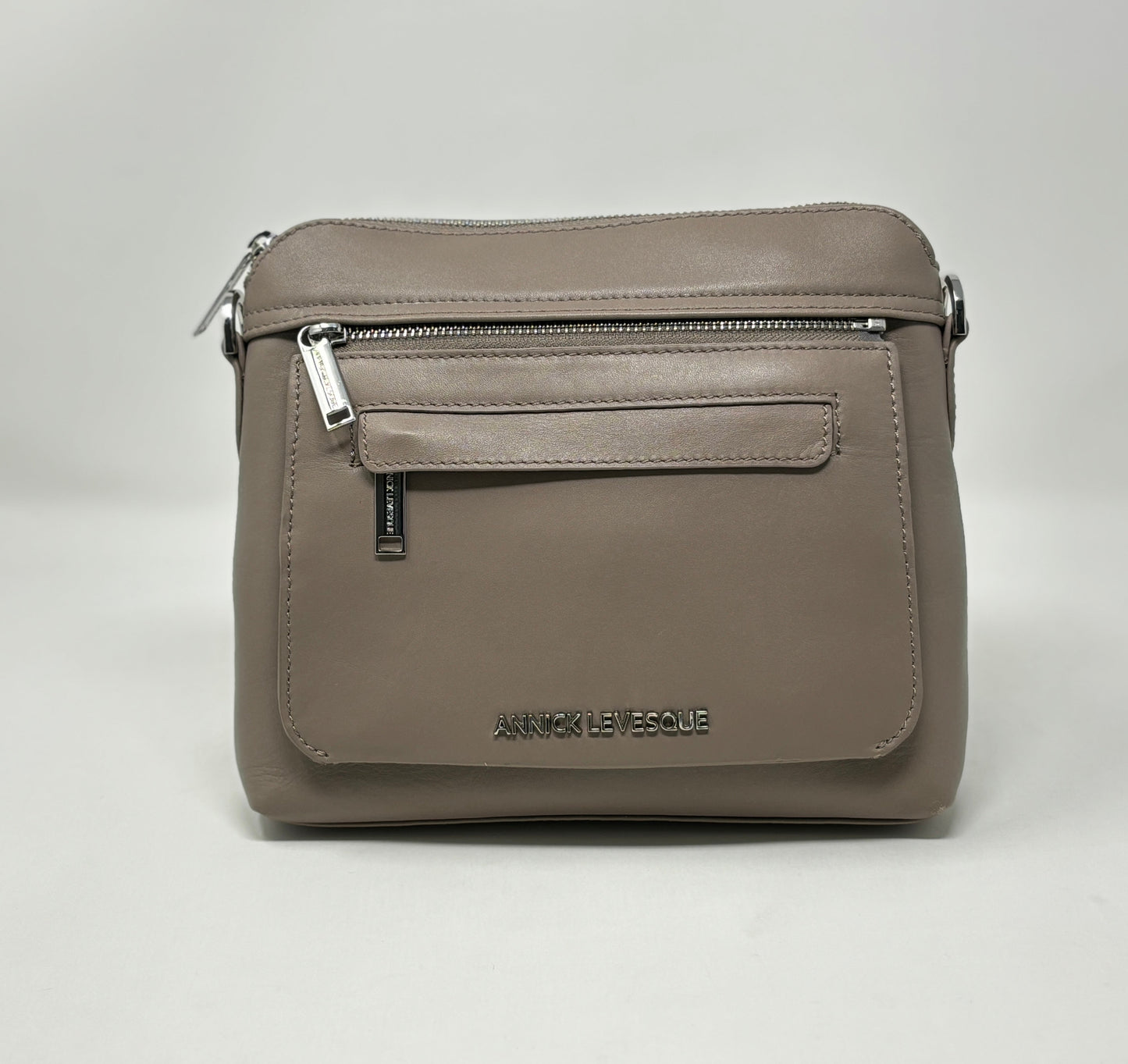 Petit Sac à Bandoulière en Cuir Taupe, Brigitte