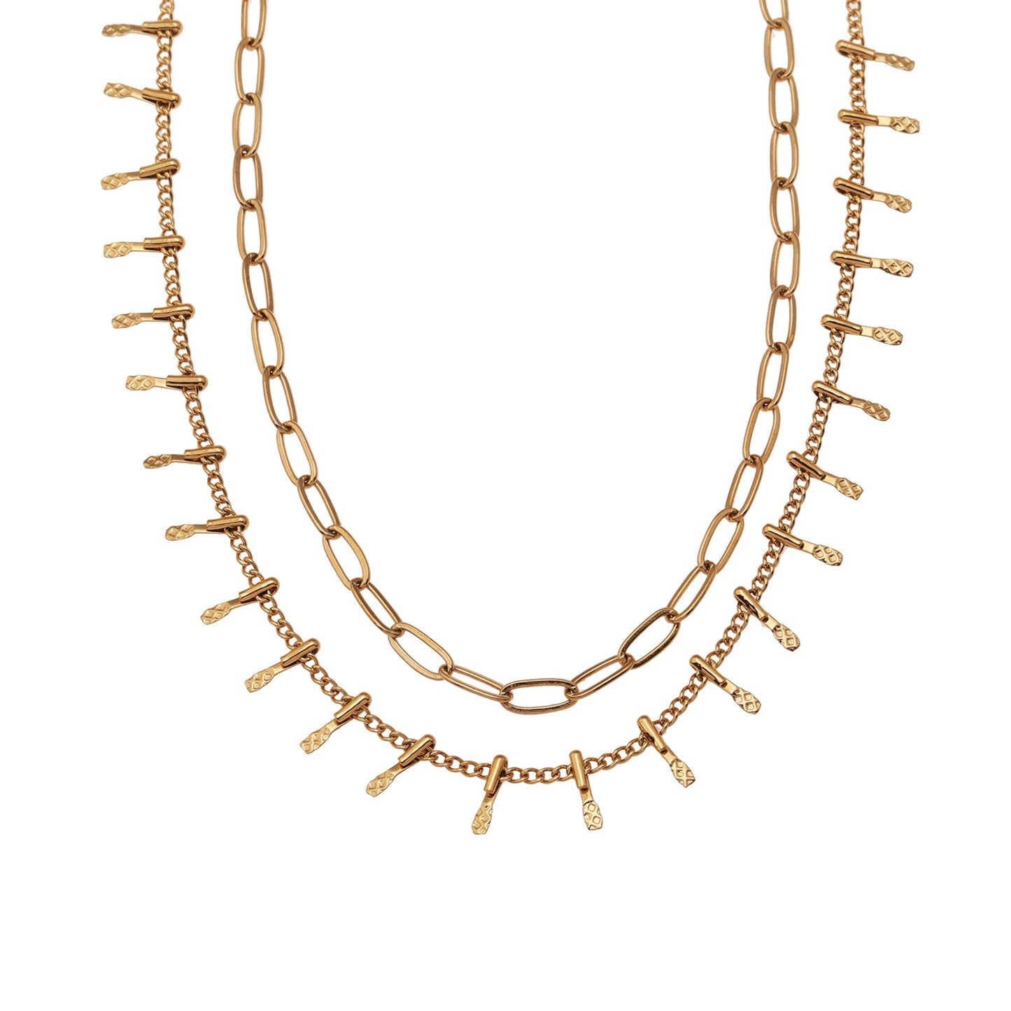 BRONTE : Collier superposé à 2 chaînes avec chaîne minimaliste à maillons trombone et chaîne à maillons ornée d'un crochet