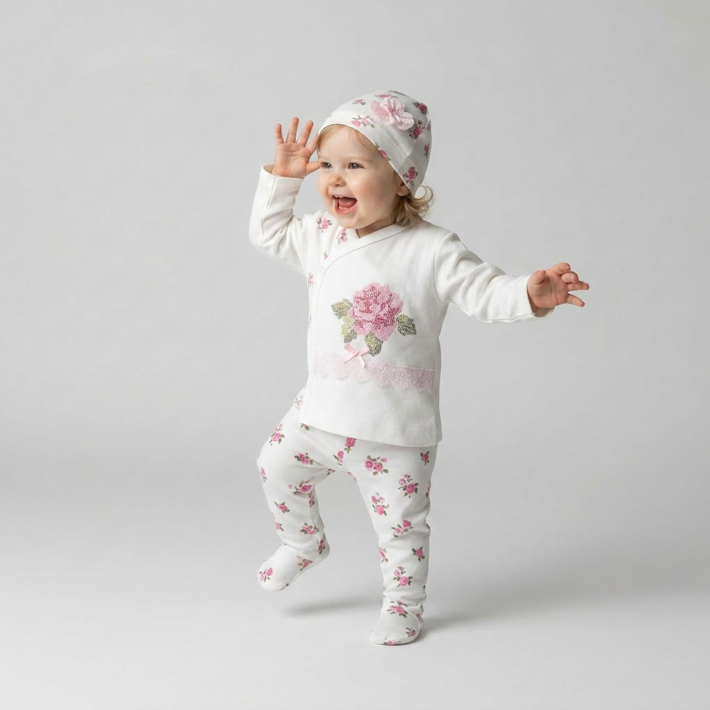 Ensemble 3 pièces nouveau-né Rosy Rose