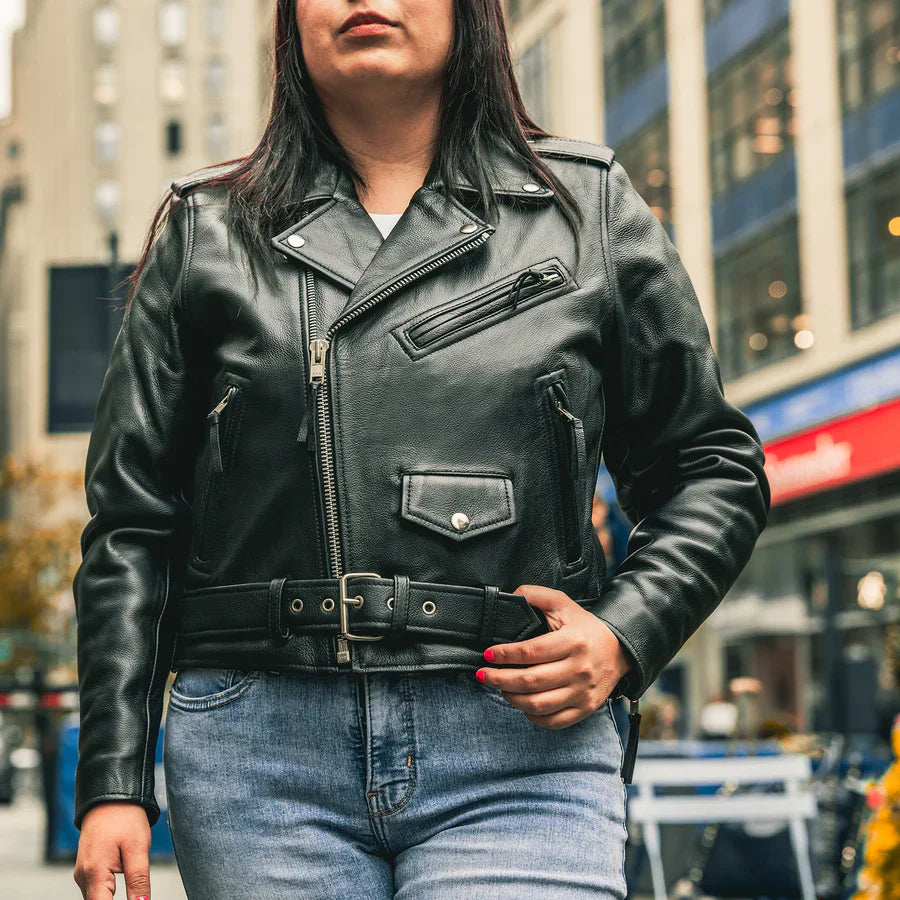 Veste de moto en cuir pour femme. Doublure thermique matelassée et cuir de vachette