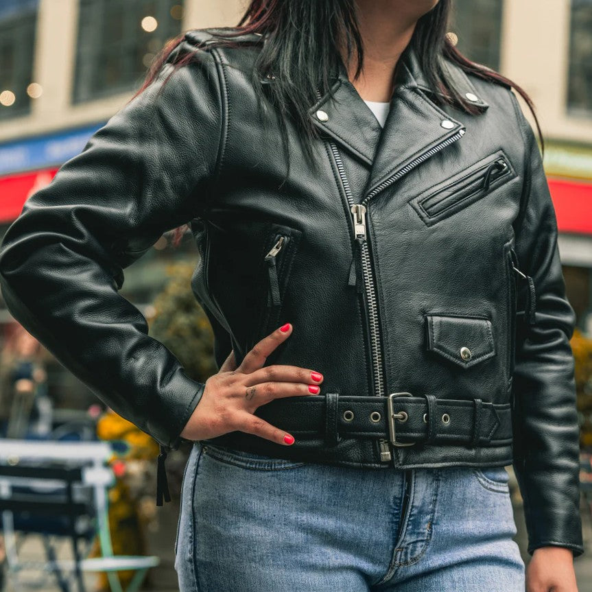 Veste de moto en cuir pour femme. Doublure thermique matelassée et cuir de vachette
