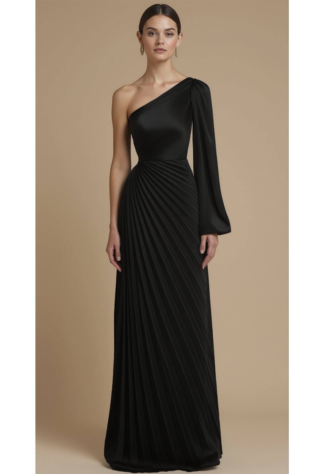 Robe longue en satin à manche unique - Noire