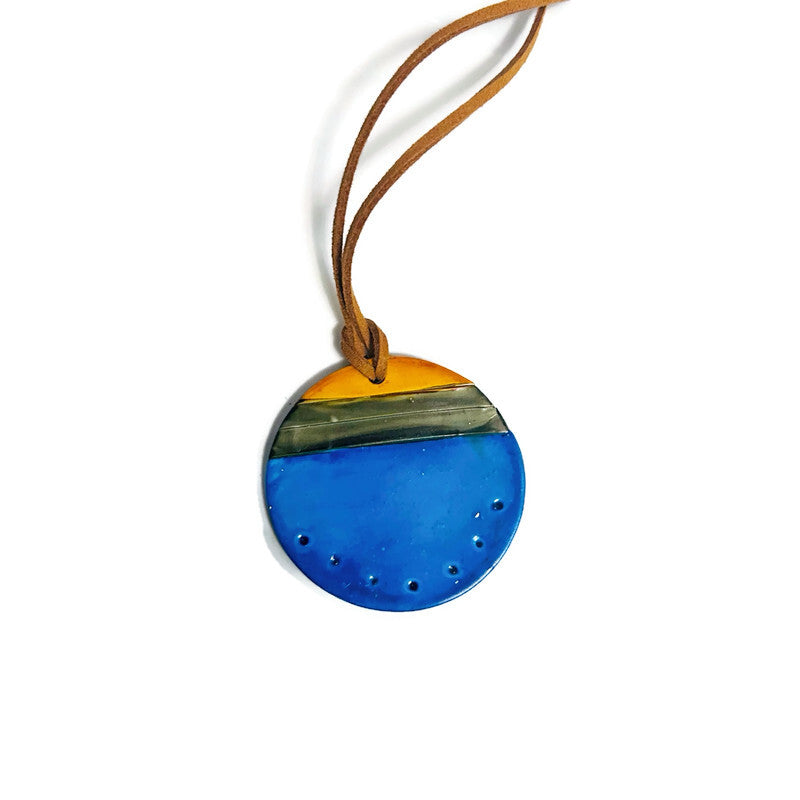 Collier Pendentif Disque Bleu Fait Main