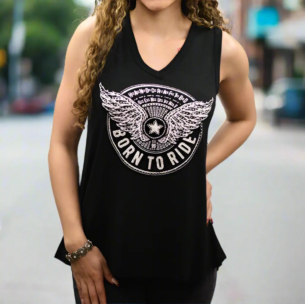 Débardeur Born to Ride avec motif étoile et ailes et détails en dentelle au dos
