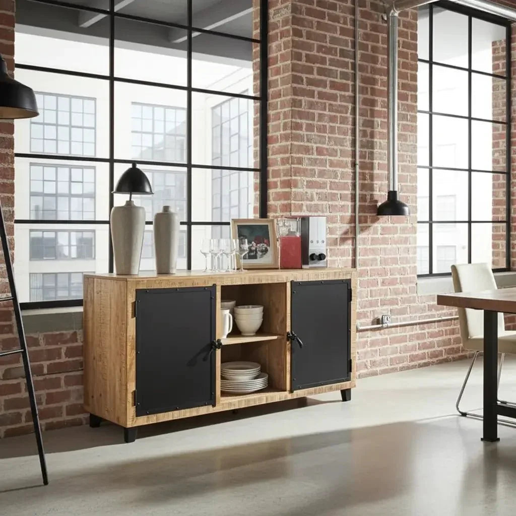 Buffet en manguier avec portes en acier noir