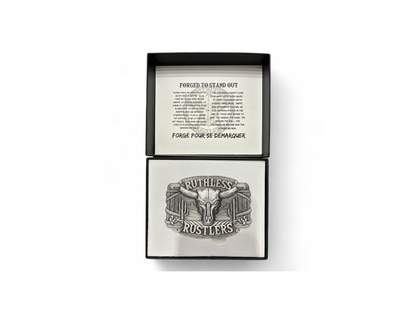 Boucle de ceinture « Ruthless Rustlers Frontier » | Grande, argent vieilli