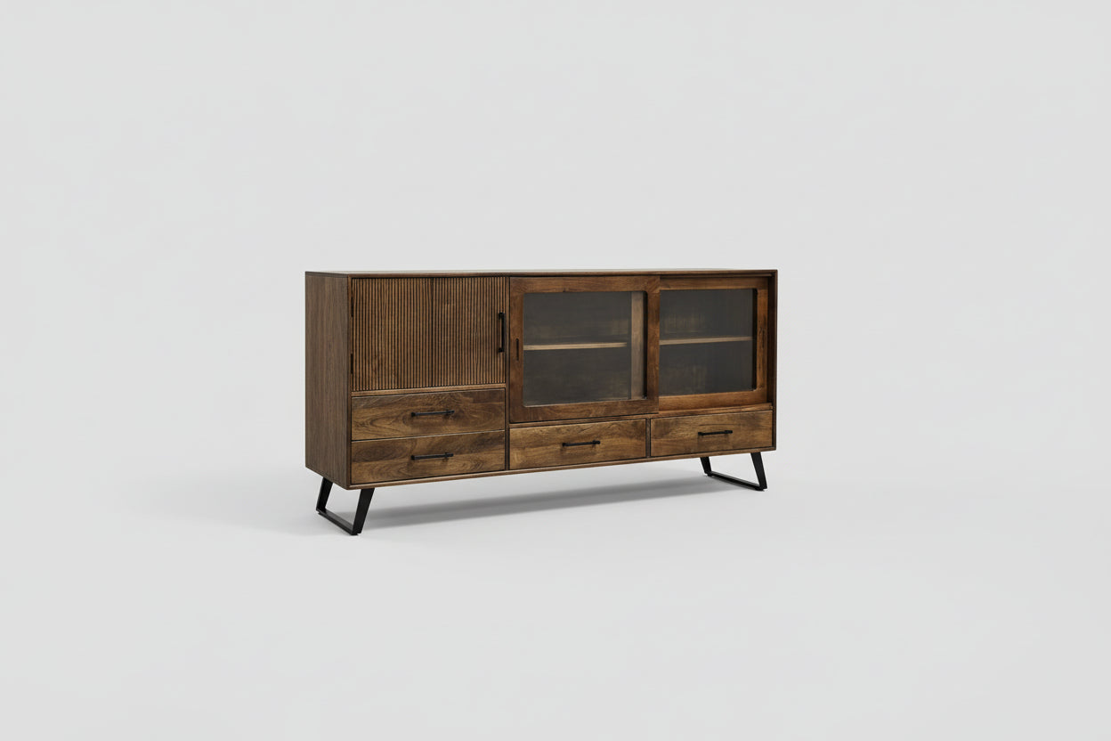 Buffet Arezzo en bois de manguier portes coulissantes vitrées