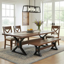 Table à manger avec piètement en X noir mat, plateau en acacia brun et 1 banc avec piètement en X noir mat en bois d'acacia brun.