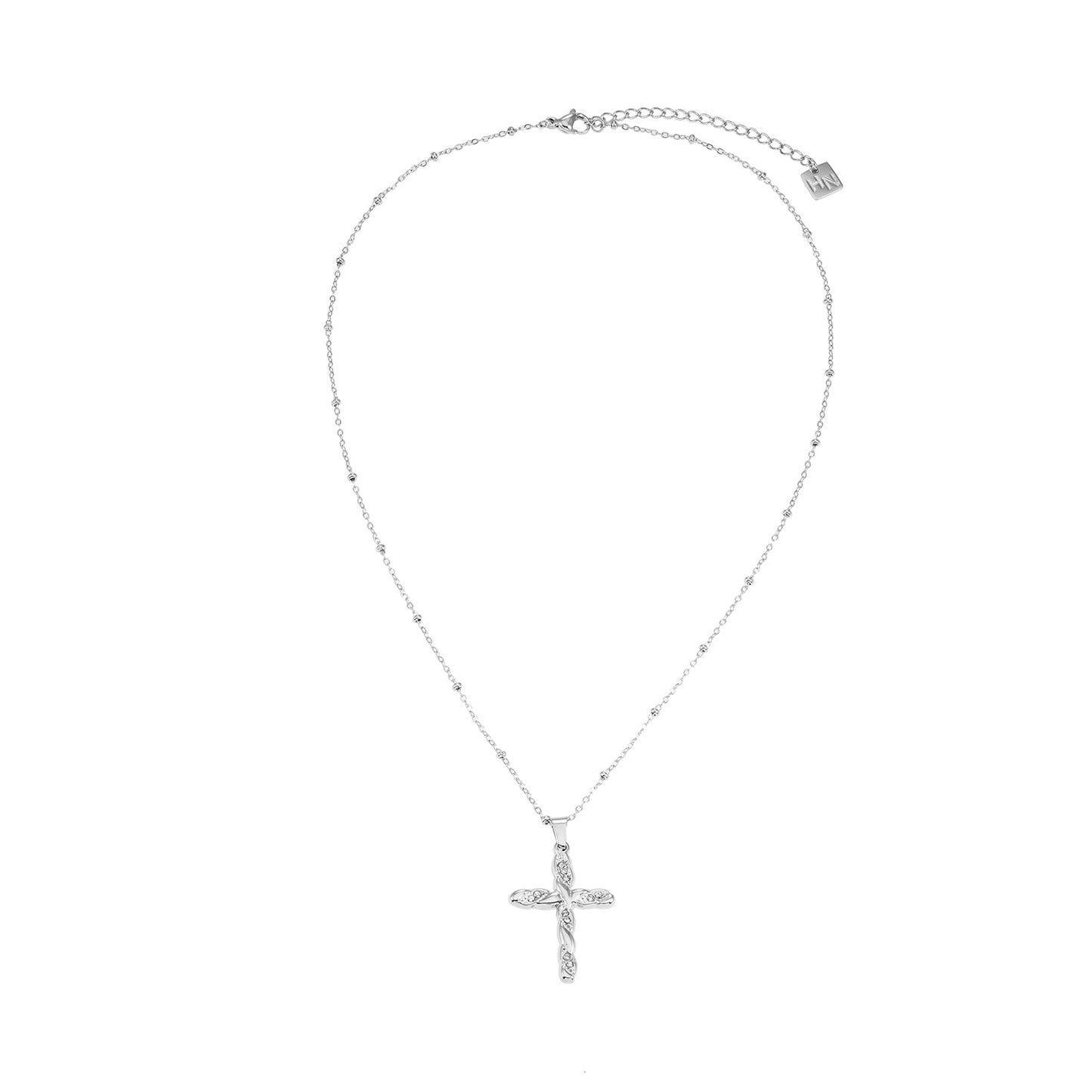 Or blanc ton argent CHAMONIX : Collier chaîne fine perlée avec pendentif croix texturé incrusté de zircone