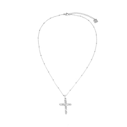 Or blanc ton argent CHAMONIX : Collier chaîne fine perlée avec pendentif croix texturé incrusté de zircone