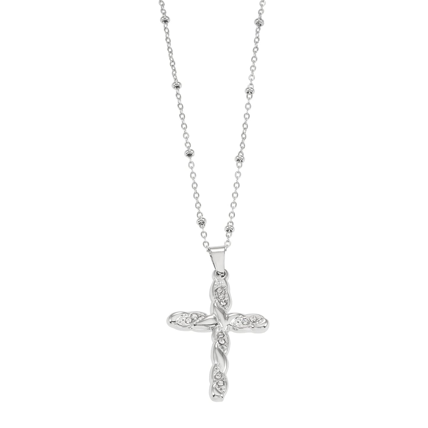 Or blanc ton argent CHAMONIX : Collier chaîne fine perlée avec pendentif croix texturé incrusté de zircone