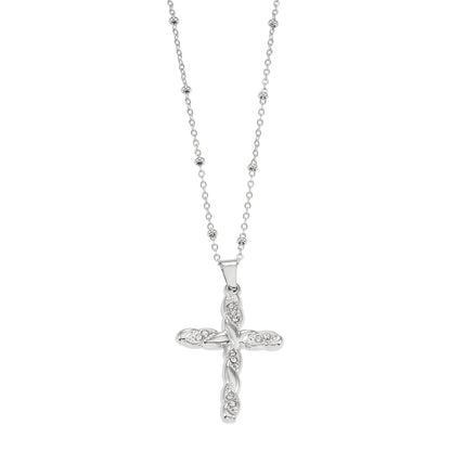 Or blanc ton argent CHAMONIX : Collier chaîne fine perlée avec pendentif croix texturé incrusté de zircone