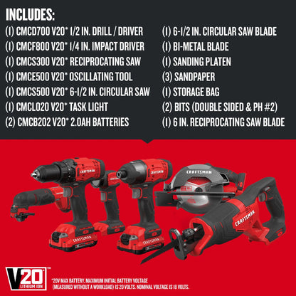 CRAFTSMAN CMCK600D2 V20* Cordless 6 Tool Combo Kit (2 Batteries) - Refurbished with Craftsman Warranty