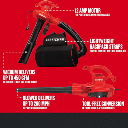 CRAFTSMAN CMEBL7000-CA Leaf Blower/Vacuum and Mulcher, 3 in 1 Wearable Yard Cleaner
