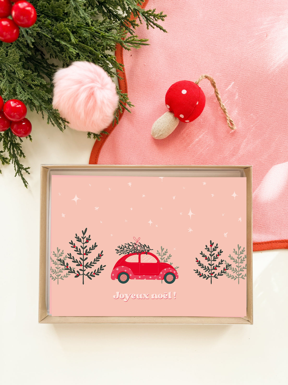 Coffret de 6 cartes de Noël pliées - Auto rouge