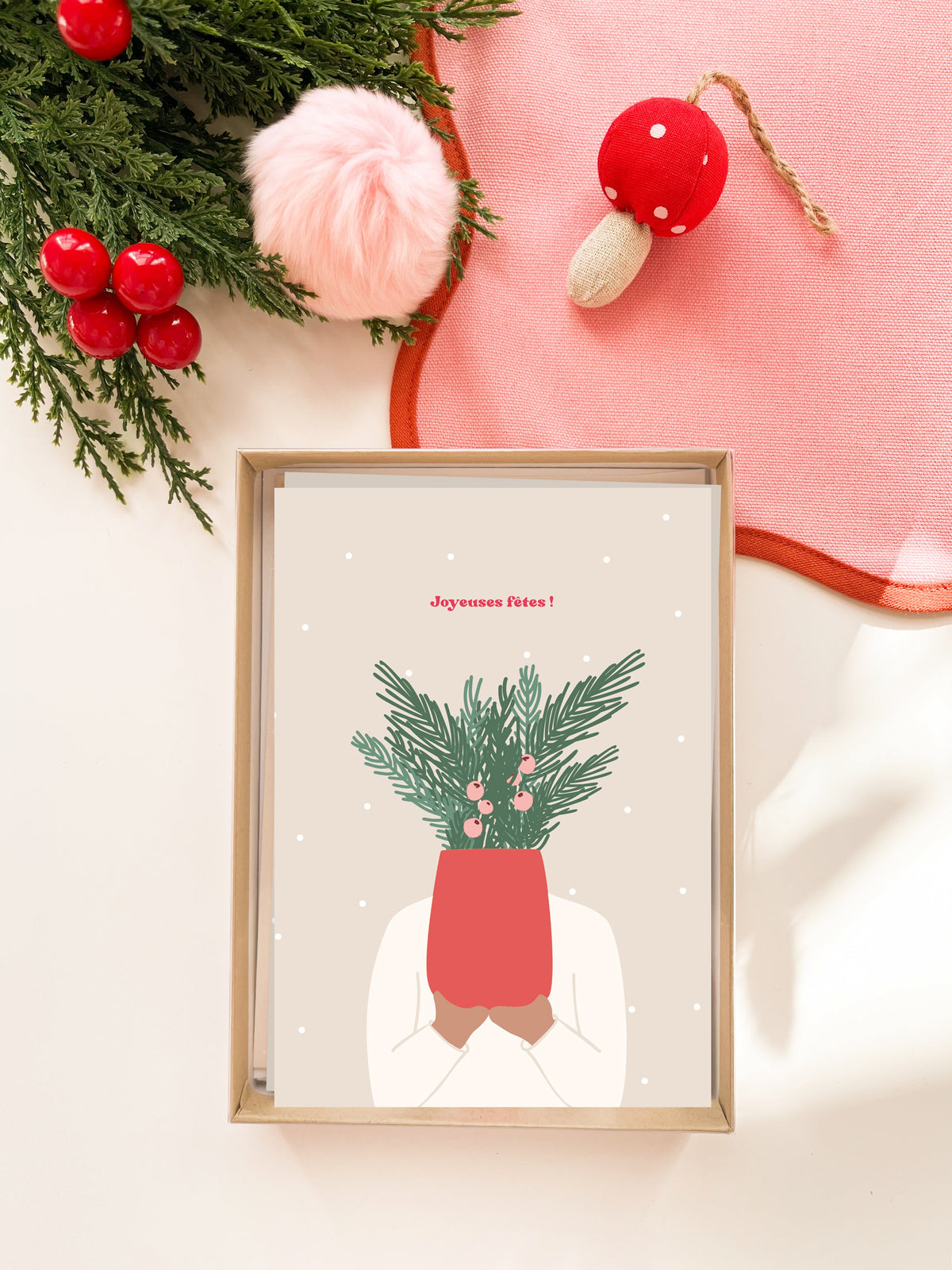 Coffret de 6 cartes de Noël pliées - Plante
