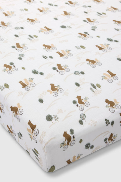 Muslin Fitted Crib Sheet - Bears on Bikes