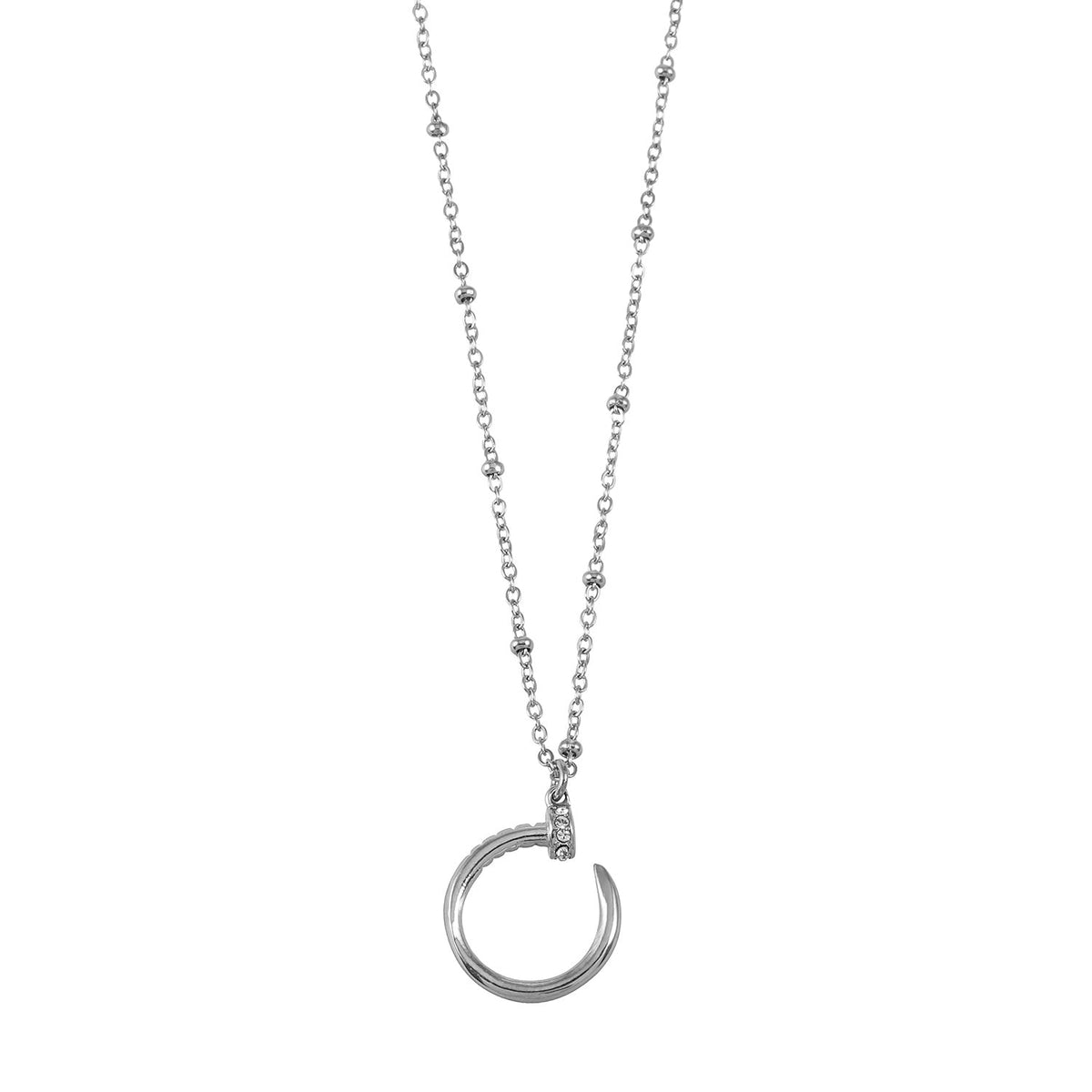 CSENGE Silver (White Gold) Necklace:  Zirconia Embedded Circular Nail Pendant on a Satellite Beaded Chain