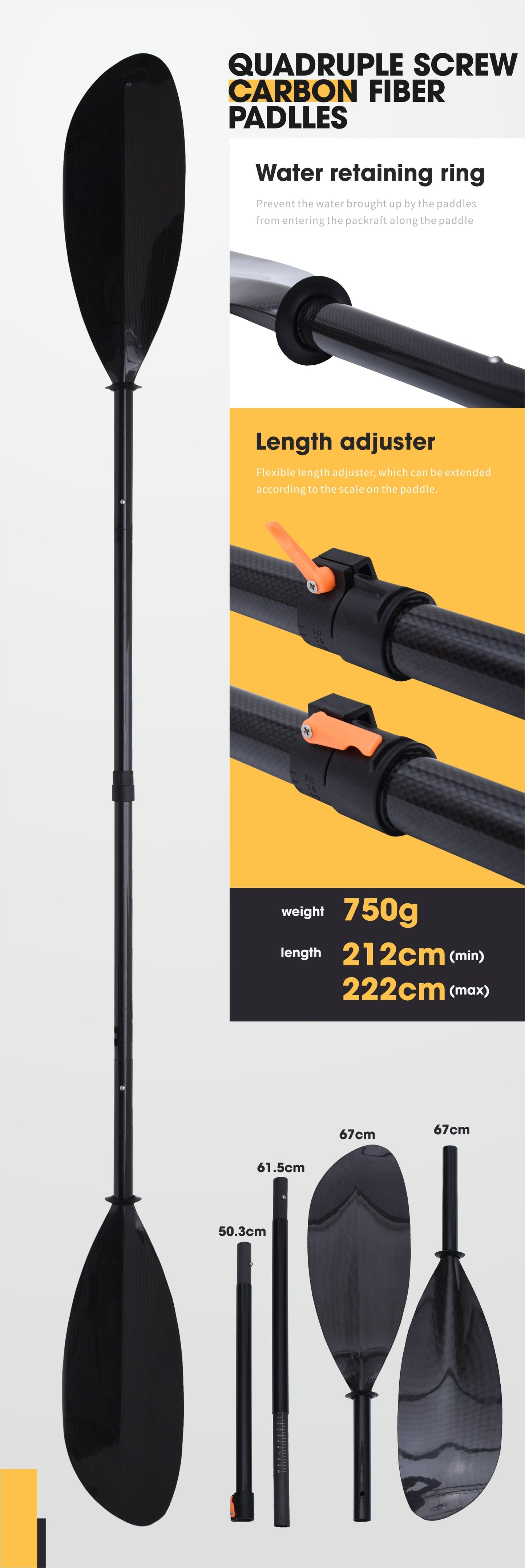 Pagaie de packraft/kayak en fibre de carbone