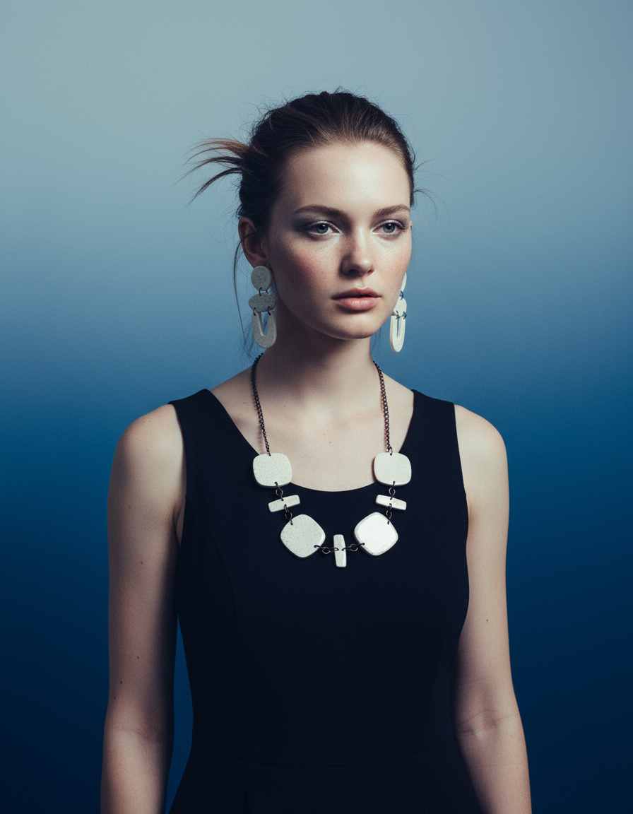 Long collier de perles blanches fait main en argile et sable de plage