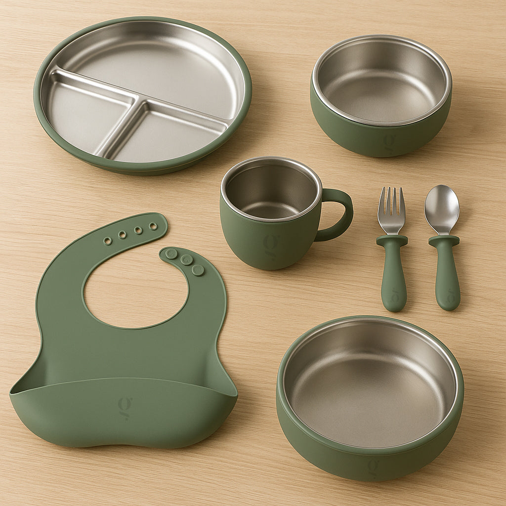 Service de vaisselle 7 pièces haut de gamme en silicone et acier inoxydable pour enfants | Ensemble repas