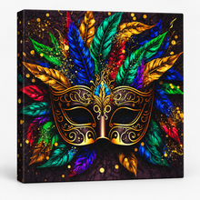 Venetian Masquerade Mask Canvas Wall Art | Colourful Feathers Gold Carnival Print